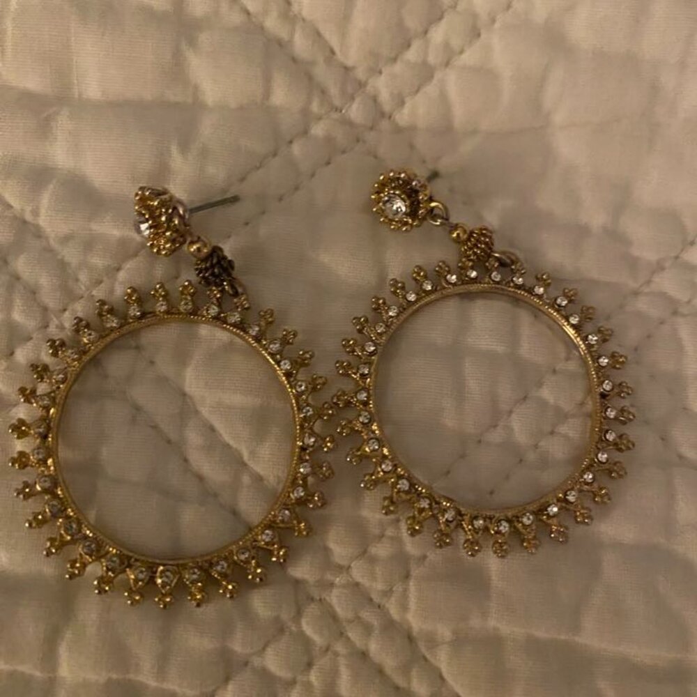 Hoop Earrings. Rhinestone and Gold Front-facing Drop-hoop Style